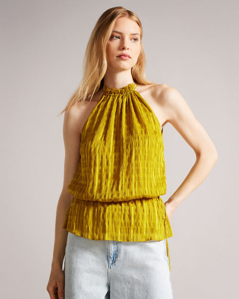 CLIARA-Tops-Make waves in CLIARA. Paired with tailored trousers for the office or dress it down for the weekend with your favorite pair of jeans, what really makes this halter top special is the shirred texture that complements the subtle peplum shape. Halter neck top Drawstring waist Shirred texture Self tie fastening Peplum waist Gathered neckline Karolina is 5'10" / 1.78m and wears Medium Yellow a Ted size 1- Ted Baker Romania